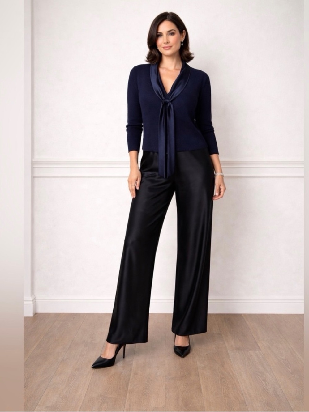 St. John Evening Black Silk Wide Leg Pants Size 10 Waist Tie Side Zip NWOT